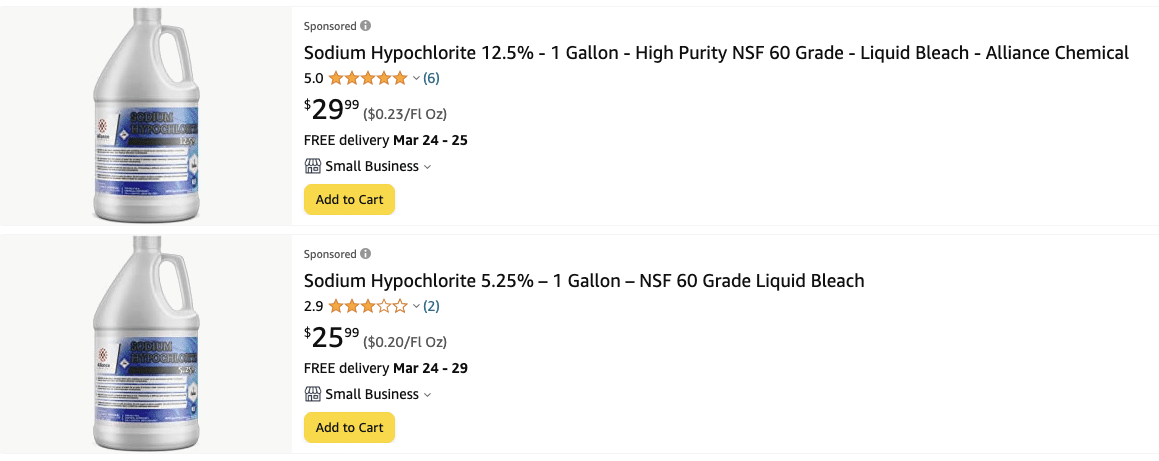Sodium Hypochlorite on Amazon